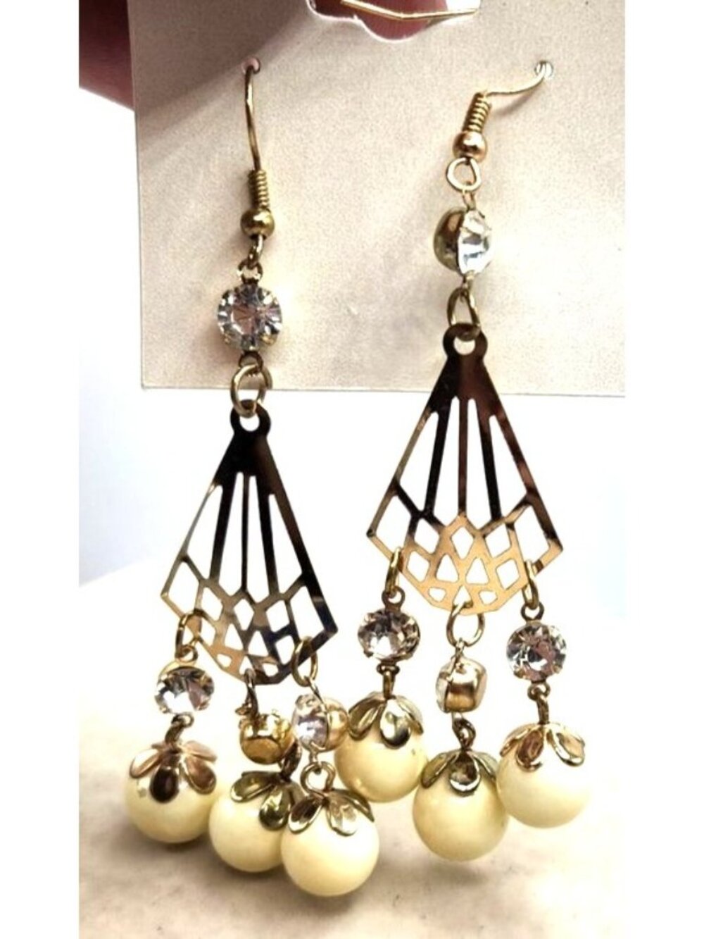 Chandelier Style Earrings, Filigree & Cream Bead Accent